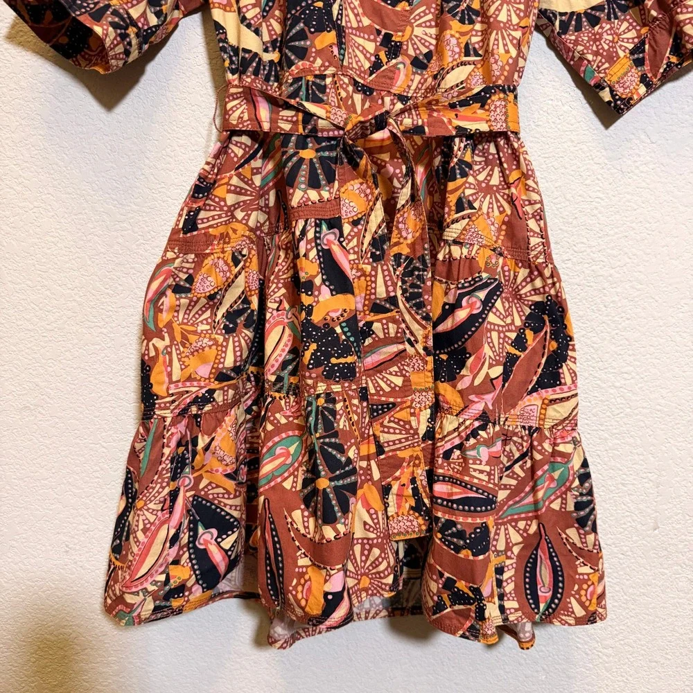 A.L.C. Maya Cotton Mini Dress Womens 8 Brown Abstract Floral Puff Sleeve Belted